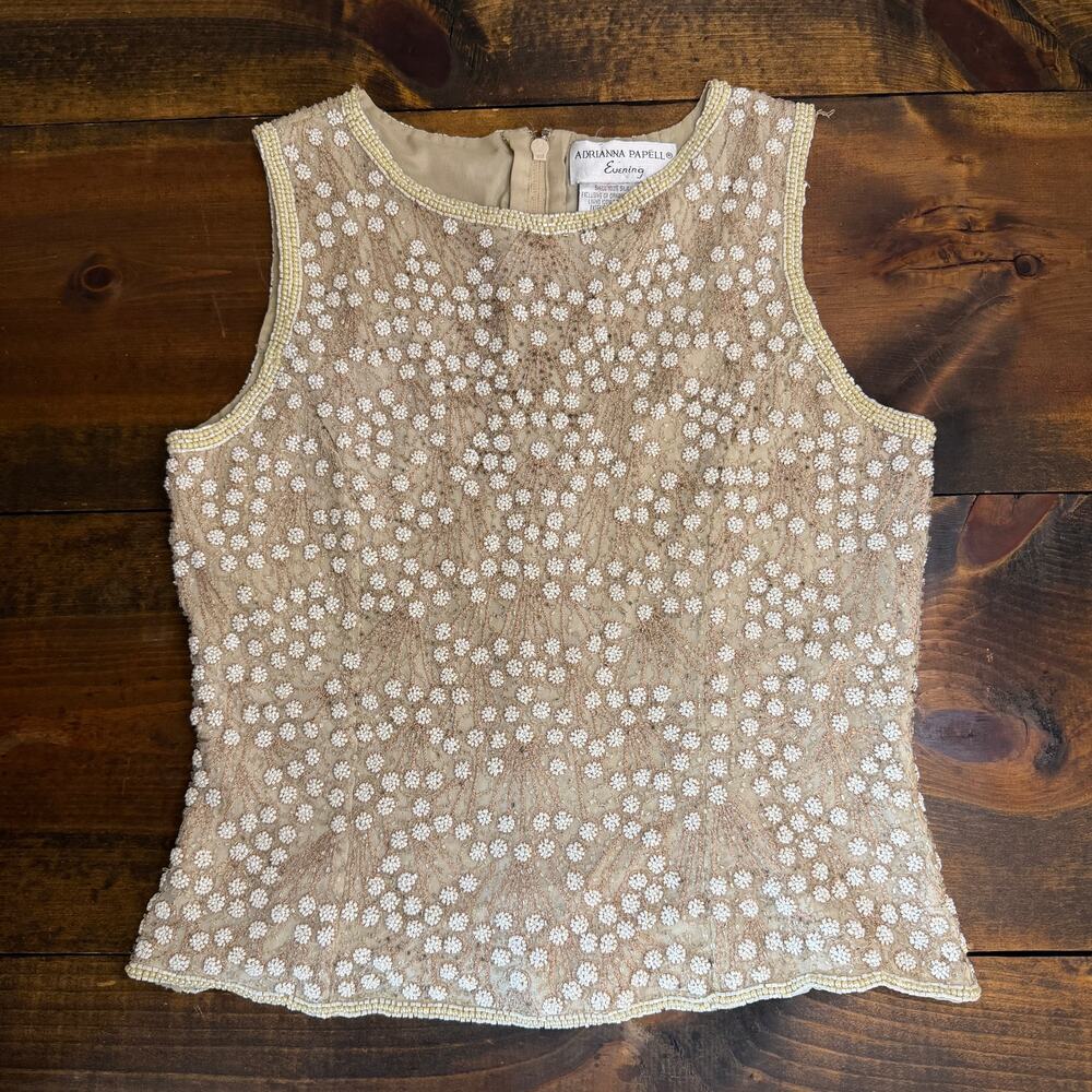 Adrianna Papell Evening Sleeveless Top 100% silk Floral beaded Women's 6